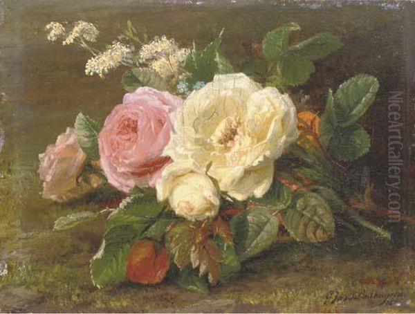 A Bunch Of Pink And White Roses Oil Painting by Geraldine Jacoba Van De Sande Bakhuyzen