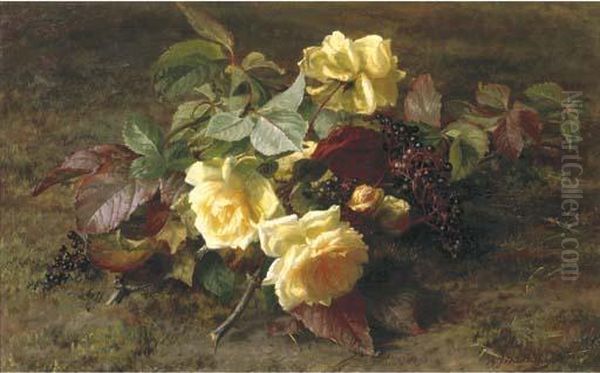 Yellow Roses And Elderberries On A Forest Floor Oil Painting by Geraldine Jacoba Van De Sande Bakhuyzen