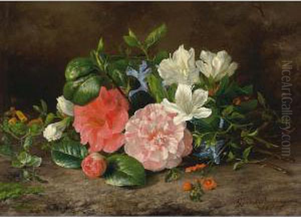 A Flower Still Life With Roses And Hellebore Oil Painting by Geraldine Jacoba Van De Sande Bakhuyzen