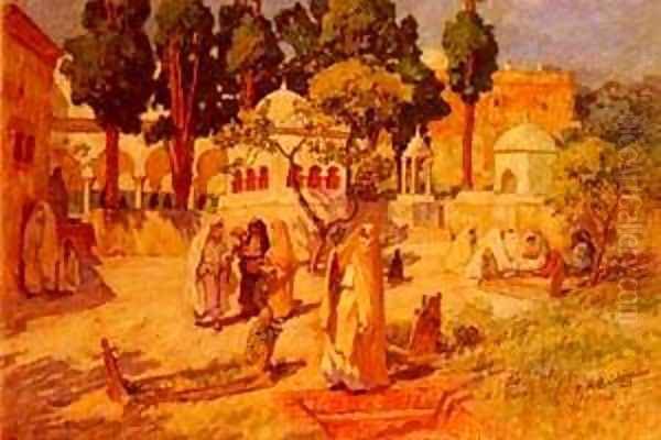 Arab Women at the Town Wall Oil Painting by F. A. Bridgeman