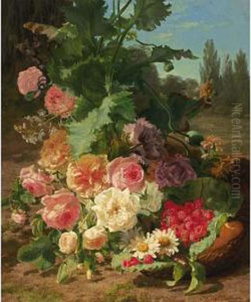 A Still Life With Flowers And Fruit In A Landscape Oil Painting by Geraldine Jacoba Van De Sande Bakhuyzen