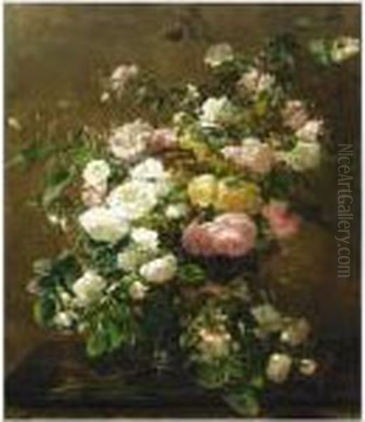 Roses In A Stoneware Vase Oil Painting by Geraldine Jacoba Van De Sande Bakhuyzen