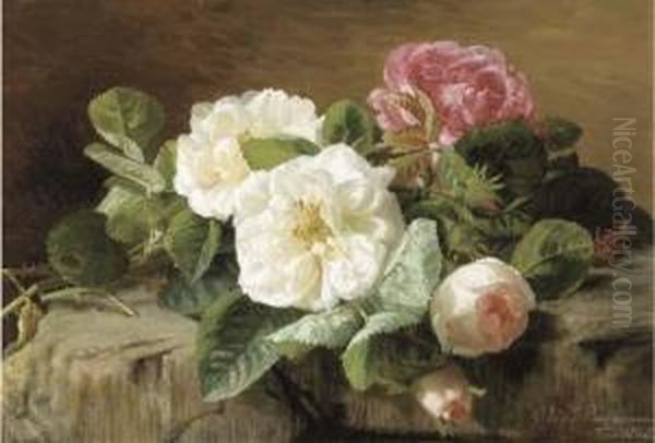 Pink And White Roses Oil Painting by Geraldine Jacoba Van De Sande Bakhuyzen