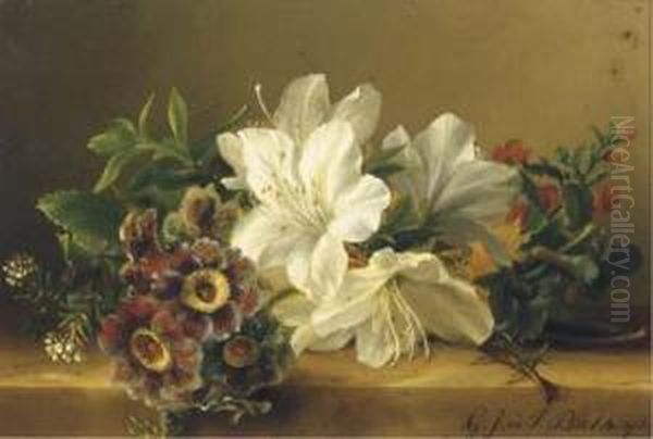 Rhodondendrons And Primulas On A Ledge Oil Painting by Geraldine Jacoba Van De Sande Bakhuyzen