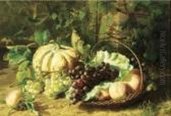 Peaches, Grapes And A Pumpkin In A Sunny Corner Of A Vegetable Garden Oil Painting by Geraldine Jacoba Van De Sande Bakhuyzen