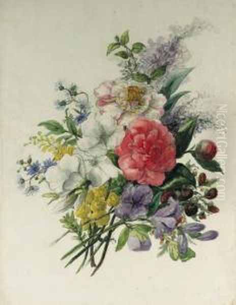 A Still Life With A Slipperflower, A Rose, Lilac, Aster Andcamellia Oil Painting by Geraldine Jacoba Van De Sande Bakhuyzen