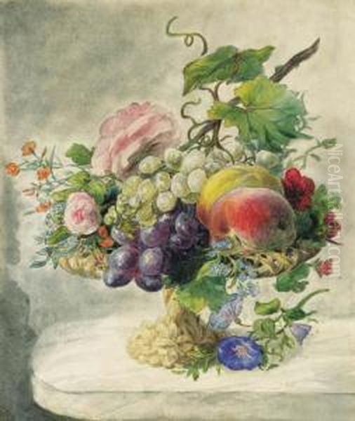 A Still Life With Peaches, 
Grapes, Roses, Morning Glory,forget-me-not, Pelargonium And Other 
Flowers On A Fruitstand Oil Painting by Geraldine Jacoba Van De Sande Bakhuyzen