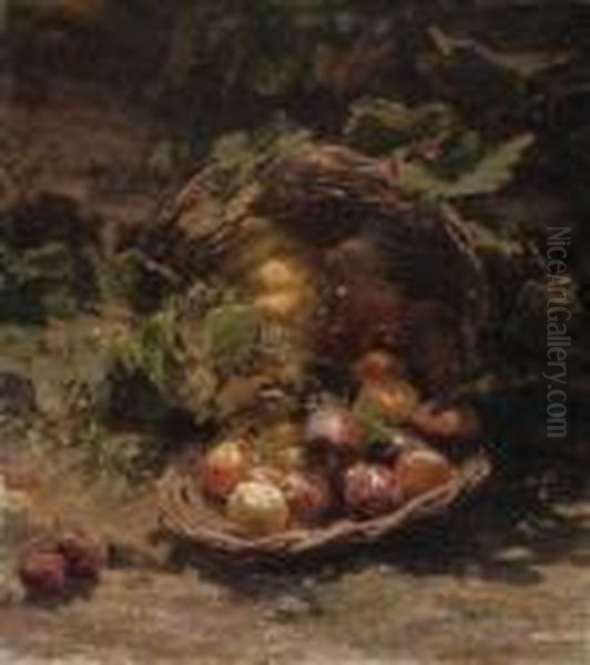 A Wicker Basket Of Plums, Apricots And A Pumpkin In An Autumnallandscape Oil Painting by Geraldine Jacoba Van De Sande Bakhuyzen