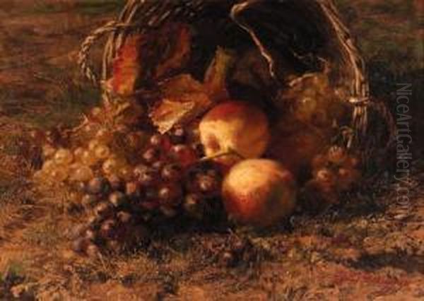 Grapes And Apples In An Overturned Basket On A Forest Floor Oil Painting by Geraldine Jacoba Van De Sande Bakhuyzen