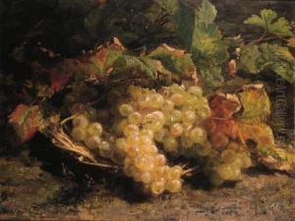 Autumn Treasures: Grapes In A Wicker Basket Oil Painting by Geraldine Jacoba Van De Sande Bakhuyzen