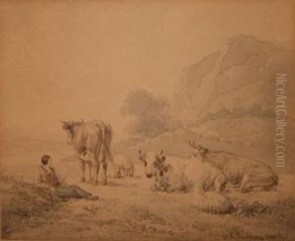 Herder With Cattle And Sheep In A
Mountain Landscape Oil Painting by Hendrikus van den Sande Bakhuyzen