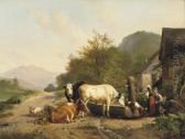 Cattle Near A Farm Oil Painting by Hendrikus van den Sande Bakhuyzen