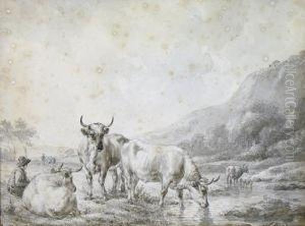 Cattle At The Stream Oil Painting by Hendrikus van den Sande Bakhuyzen