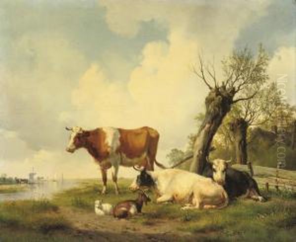 Cattle On The Waterfront Oil Painting by Hendrikus van den Sande Bakhuyzen