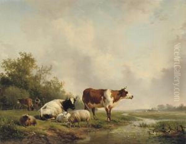 Resting Cattle In A Meadow Oil Painting by Hendrikus van den Sande Bakhuyzen