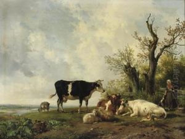 A Farm Girl With Her Cattle In A Pasture Oil Painting by Hendrikus van den Sande Bakhuyzen