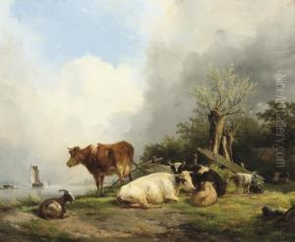 Cattle On A Riverbank Oil Painting by Hendrikus van den Sande Bakhuyzen