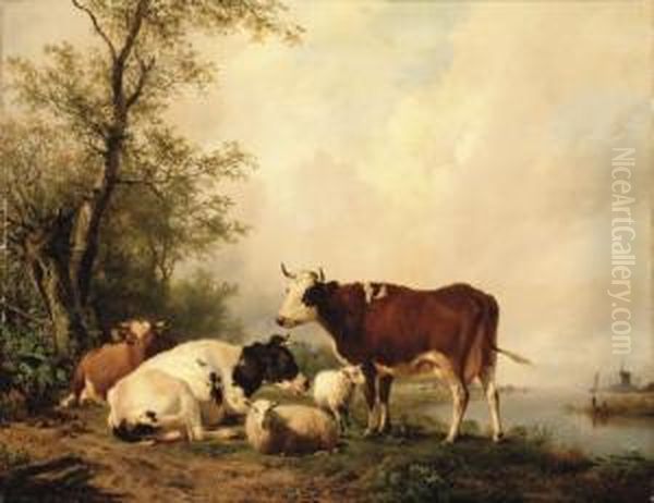 Cattle In A River Landscape Oil Painting by Hendrikus van den Sande Bakhuyzen