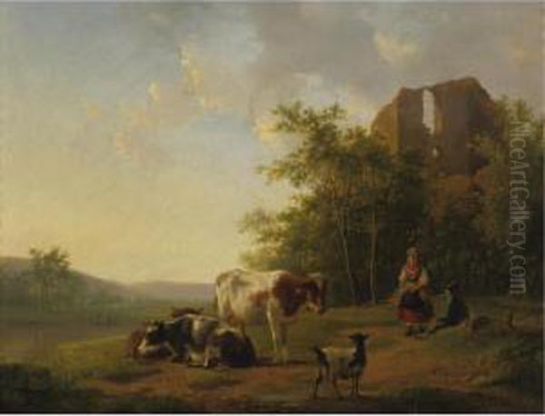 Shepherds And Cattle Resting By A Stream Oil Painting by Hendrikus van den Sande Bakhuyzen