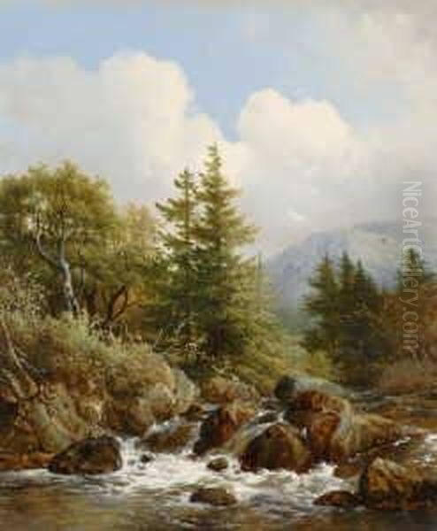 Mittelgebirgslandschaft Mit Einem Wasserfall. Oil Painting by Hendrikus van den Sande Bakhuyzen