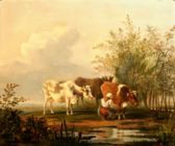 Melktijd. Gesigneerd Oil Painting by Hendrikus van den Sande Bakhuyzen