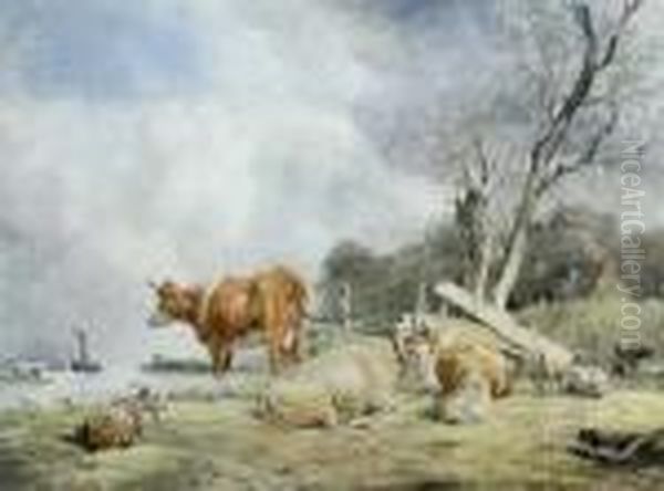 Cattle And Sheep Grazing On The Banks Of A Dutch River Oil Painting by Hendrikus van den Sande Bakhuyzen