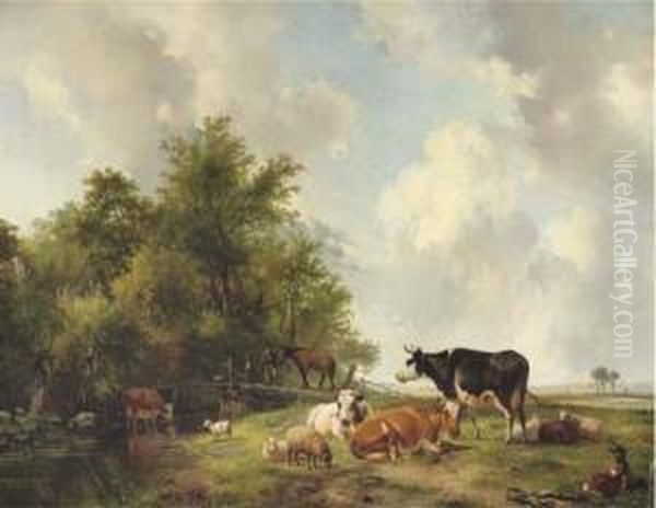 Cattle On The Edge Of A Forest In An Extensive Sunlit Landscape Oil Painting by Hendrikus van den Sande Bakhuyzen