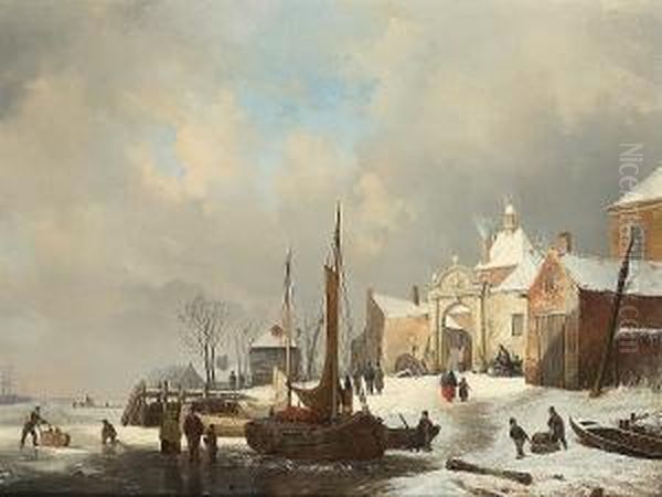 Winter Landscape With Figures And Boats On A Frozen Estuary Oil Painting by Hendrikus van den Sande Bakhuyzen