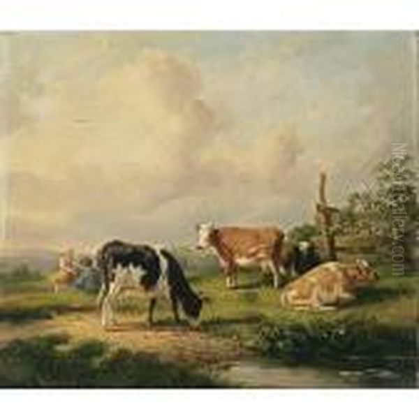 Cows In A Landscape Oil Painting by Hendrikus van den Sande Bakhuyzen