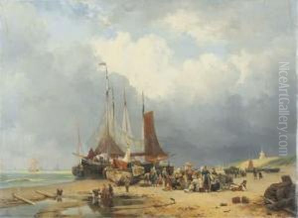 Sorting The Catch On The Beach Of Scheveningen Oil Painting by Hendrikus van den Sande Bakhuyzen