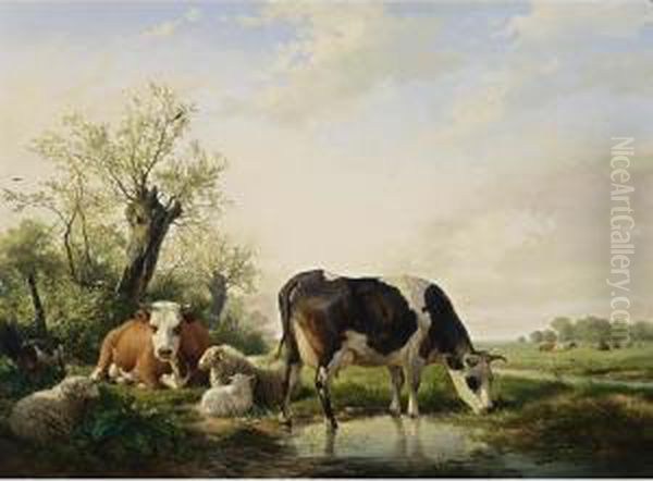 Cows, Sheep And A Goat In A Meadow Oil Painting by Hendrikus van den Sande Bakhuyzen