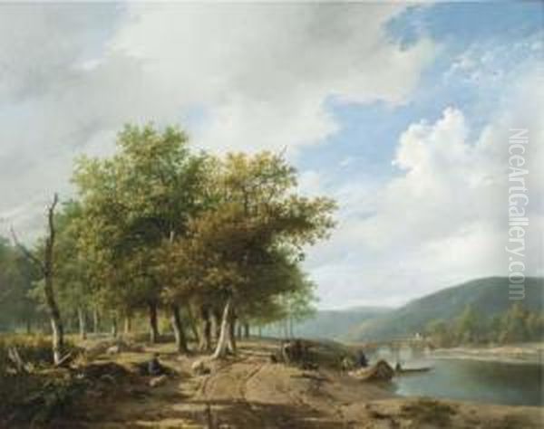 Daily Activities Along A River In A Hilly Landscape Oil Painting by Hendrikus van den Sande Bakhuyzen