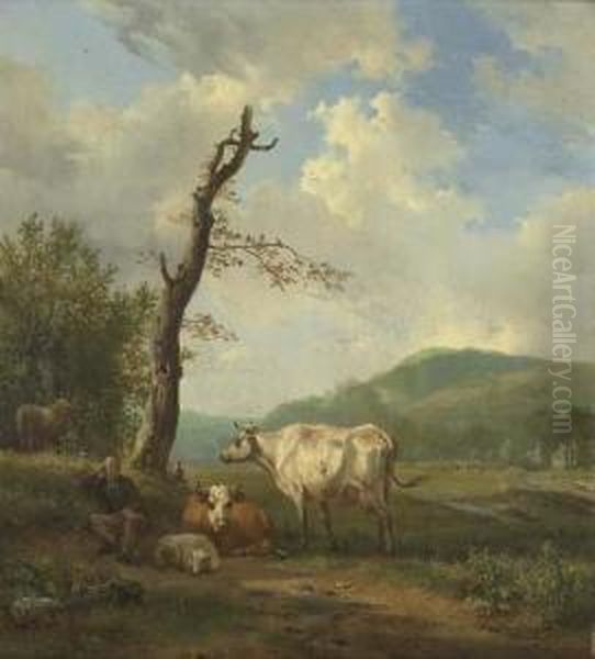 A Hilly Landscape With A Shepherd And His Flock Resting By A Tree Oil Painting by Hendrikus van den Sande Bakhuyzen