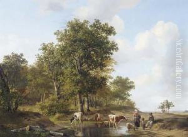 Peasants Conversing At The Edge Of A Forest On A Sunny Day Oil Painting by Hendrikus van den Sande Bakhuyzen