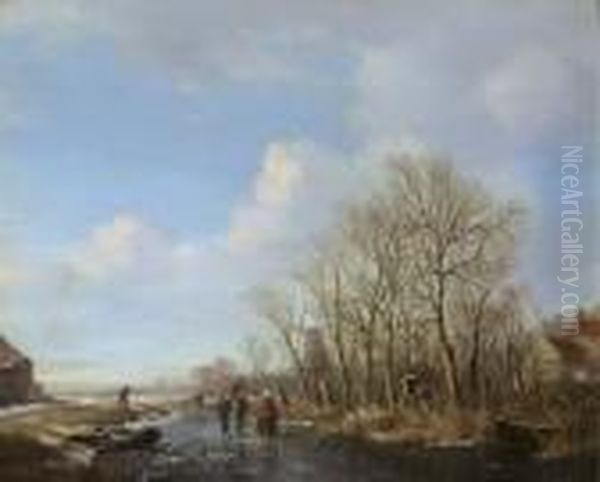 Woodgatherers On A Frozen Stream Oil Painting by Hendrikus van den Sande Bakhuyzen