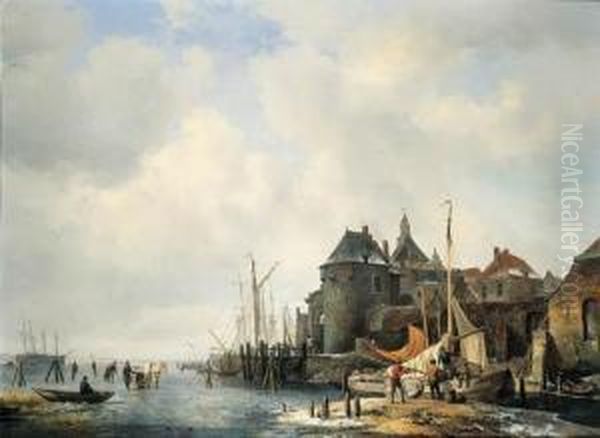 Een Gezigt Van De Rietdijkse Poort En Het Hoofd Te Dordrecht, Bij Winter Oil Painting by Hendrikus van den Sande Bakhuyzen