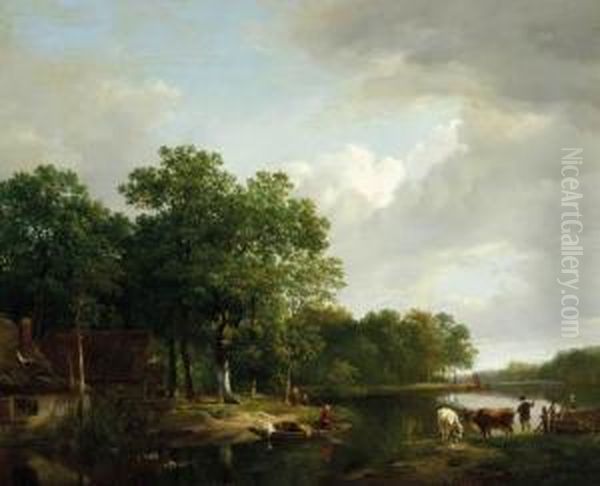 Summer Idyl: A Riverlandscape In Summer Oil Painting by Hendrikus van den Sande Bakhuyzen