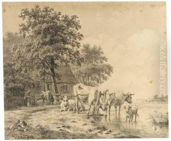 Cattle Drinking From A Ditch, Farmers Milking A Cow By A Farm Oil Painting by Hendrikus van den Sande Bakhuyzen