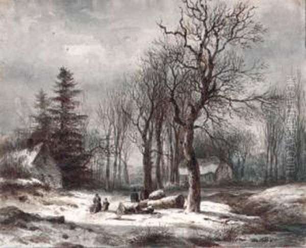 Woodgatherers Near Farm Buildings In Winter (recto); A Hilly Riverlandscape (verso) Oil Painting by Hendrikus van den Sande Bakhuyzen