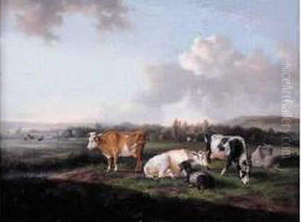 Vaches Et Chiens Au Paturage Oil Painting by Hendrikus van den Sande Bakhuyzen