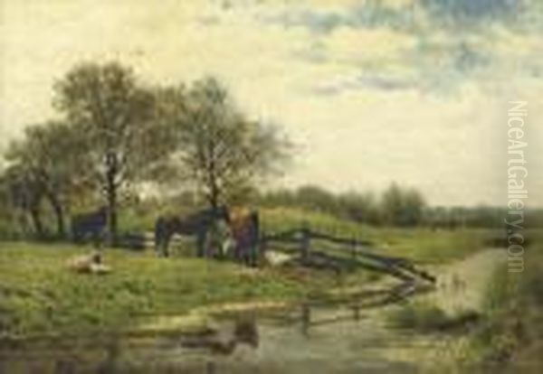 A Riverside Meadow Oil Painting by Julius Jacobus Van De Sande Bakhuyzen