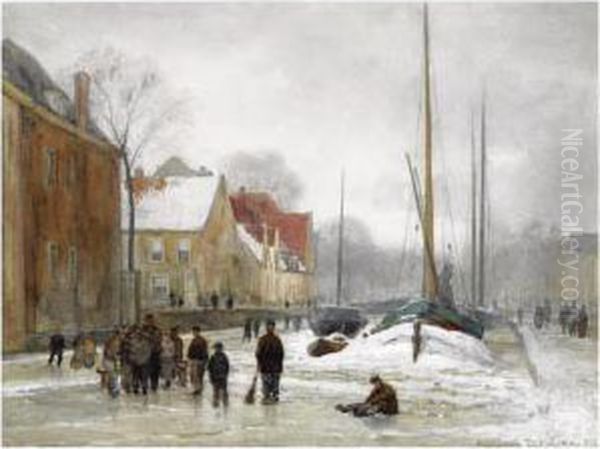 Figures On A Frozen Canal In A Wintry Town Oil Painting by Julius Jacobus Van De Sande Bakhuyzen