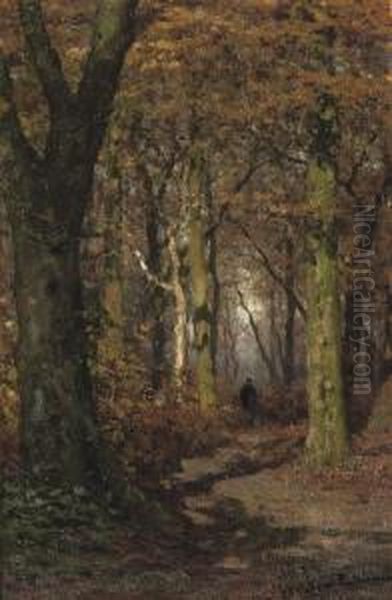 Wandering Through A Forest In Autumn Oil Painting by Julius Jacobus Van De Sande Bakhuyzen