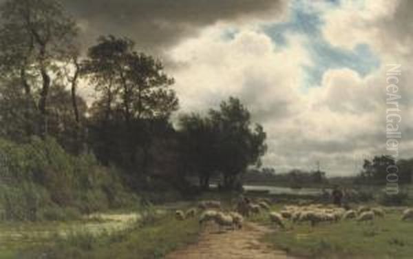 Na De Regenbui: Herding The Sheep Oil Painting by Julius Jacobus Van De Sande Bakhuyzen