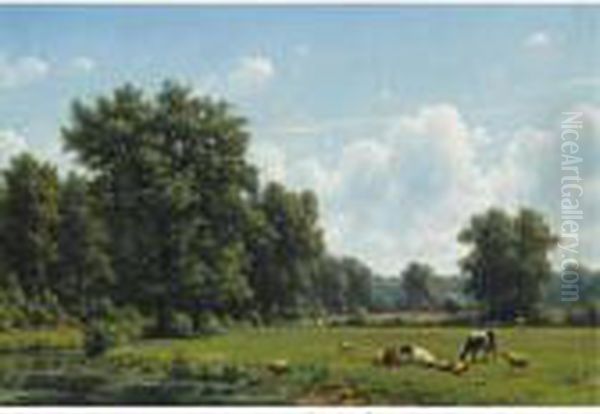 Cattle In A Summer Landscape Oil Painting by Julius Jacobus Van De Sande Bakhuyzen