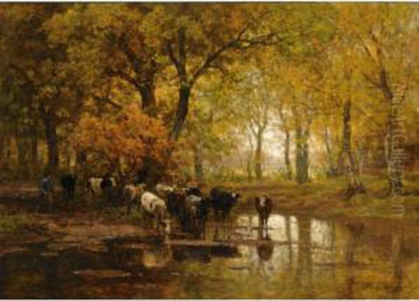 Watering Cows In A Pond Oil Painting by Julius Jacobus Van De Sande Bakhuyzen