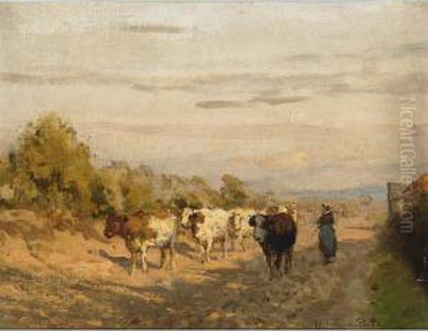 A Cowherdess With Her Cattle On A Country Road, Rolde Oil Painting by Julius Jacobus Van De Sande Bakhuyzen