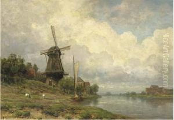 Windmill By A River Oil Painting by Julius Jacobus Van De Sande Bakhuyzen