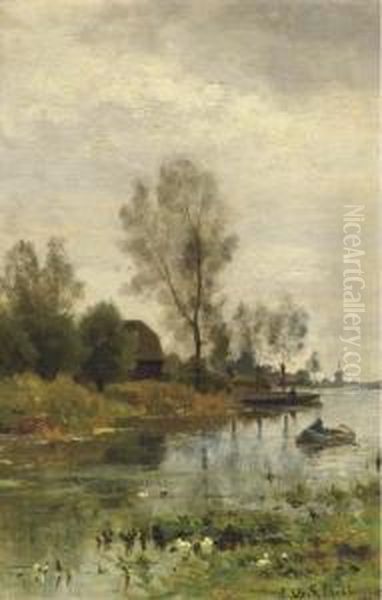 Rowing Down The River Oil Painting by Julius Jacobus Van De Sande Bakhuyzen