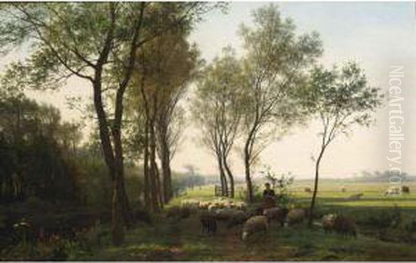 A Shepherdess And Her Flock On A Country Lane Oil Painting by Julius Jacobus Van De Sande Bakhuyzen